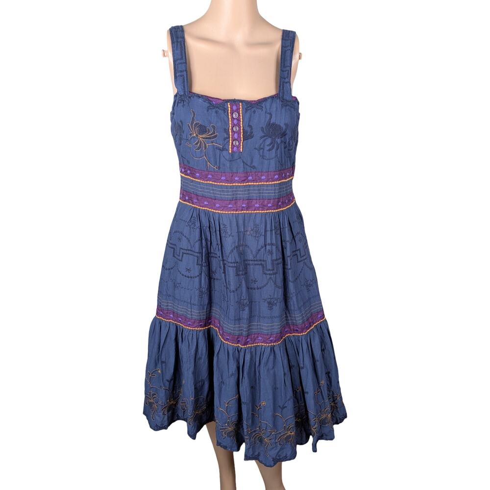 VTG Anthropologie Viola Moon River Dress 6 | Navy Gold Embroidered Eyelet Tiered